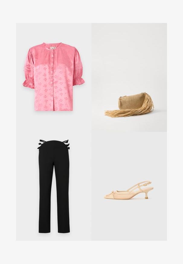 Blomstret bluse i pink med rund halsudskæring, korte puffærmer og knaplukning. Lavet af tekstureret stof med en subtil glans.; Sorte bukser med lige ben-design, der har en talje med sorte bånddetaljer på ryggen. Glat stof uden synlige mønstre.; Stuart Weitzman KITTY - Pumps - beige/barely beige; Cult Gaia VIERA - Clutches - natural