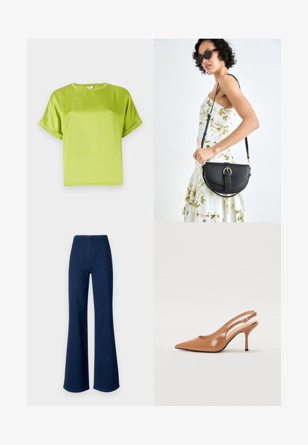 Bright green short-sleeve top with a round neckline. Smooth, shiny fabric with a relaxed fit. Rolled cuffs and a straight hem.; Dark blue flared jeans made of denim with an elastic waistband. Features a smooth texture and wide leg design extending to the hem.; Pointed toe slingback heel in a smooth, glossy tan material. Features a curved cutout design and a slender stiletto heel. Silver buckle detail.; Black leather handbag with a curved shape, detachable strap, and gold hardware. The bag features a flap with a buckle detail.