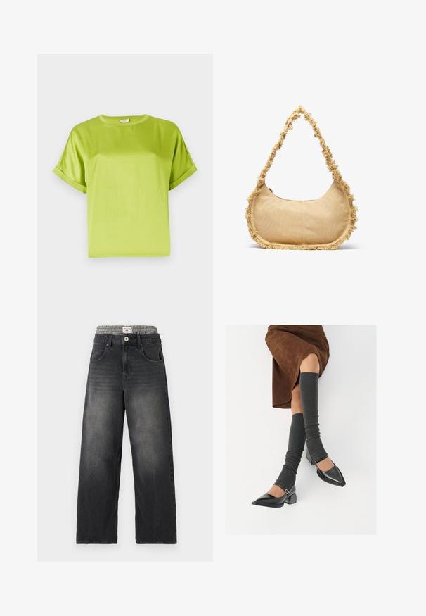 Maglietta verde brillante a maniche corte con scollatura rotonda. Tessuto liscio e lucido con vestibilità comoda. Maniche con risvolto e orlo dritto.; Jeans neri in denim a gamba larga con una cintura a motivo houndstooth. Presentano tasche frontali e chiusura con bottone. Texture usurata.; Scarpe nere in pelle verniciata con punta affilata, tacco a blocco e cinturino alla caviglia, abbinate a scaldamuscoli grigi a coste e una gonna in suede marrone.; Borsa beige strutturata con forma arrotondata, bordo sfrangiato lungo i lati e una tracolla corta per il trasporto. Apertura con zip nella parte superiore.
