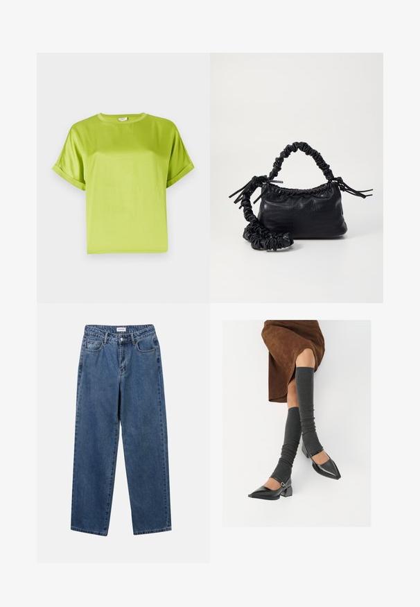 Haut vert vif à manches courtes avec un col rond. Tissu lisse et brillant avec une coupe décontractée. Manches retroussées et ourlet droit.; Jean en denim bleu classique avec une coupe droite, cinq poches et une fermeture par bouton. Présente un lavage moyen et une texture robuste.; Chaussures à bout pointu en cuir verni noir avec un talon bloc et une bride à la cheville, accompagnées de jambières en maille grise et d'une jupe en daim marron.; Sac à main en simili cuir noir avec une texture crocodile, un dessus resserré et une sangle froncée. A l'apparence douce et compacte.