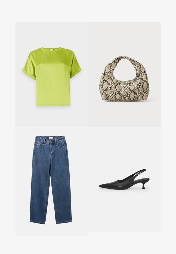 Felgroen T-shirt met korte mouwen en een ronde halslijn. Glad, glanzend materiaal met een losse pasvorm. Omgeslagen manchetten en een rechte zoom.; Klassieke blauwe denim jeans met een rechte pijp, vijf zakken en een knoopsluiting. Heeft een middelgrote wasbeurt en stevige textuur.; Zwarte leren slingback schoen met een puntige neus en een slanke, gebogen hak. Voorzien van een discrete verstelbare band met een metalen gesp.; Slangpatroon handtas met een gebogen handvat. Gemaakt van gestructureerde, beige en bruine materialen, met een kenmerkend ruitpatroon.