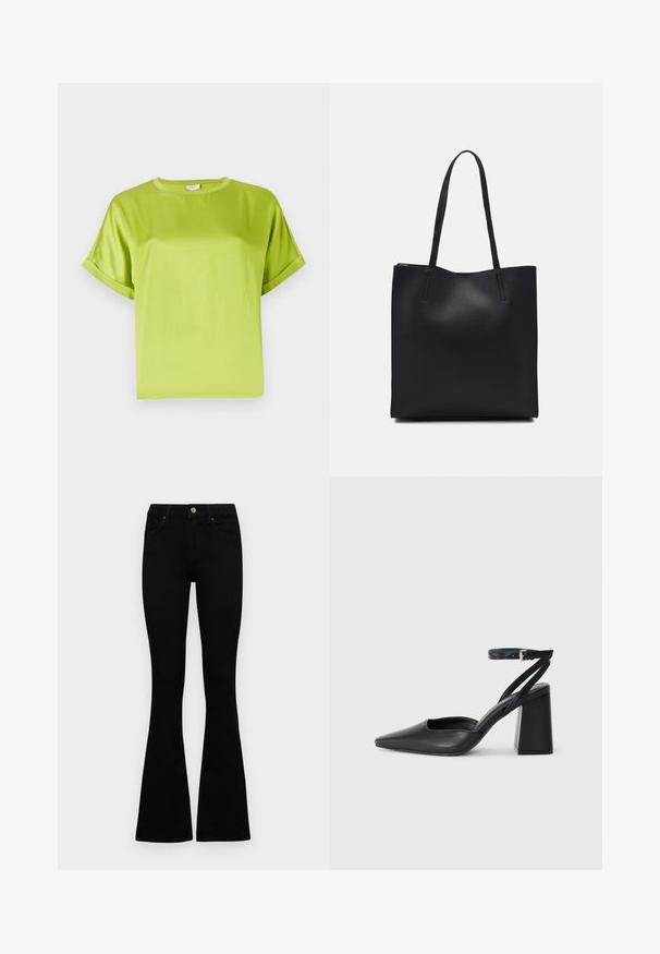 Světl zelený top s krátkým rukávem a kulatým výstřihem. Hladký, lesklý materiál s uvolněným střihem. Rolované manžety a rovný lem.; Černé vysoké džíny s knoflíkem a zipovým zapínáním, předními kapsami a rozšířenými nohavicemi, ležící na bílé podložce.; Černé kožené lodičky se špičatou špičkou, kotníkovým páskem a silným podpatkem. Hladká textura, elegantní design a minimalistická estetika.; Černá kožená taška přes rameno s hladkým povrchem, obdélníkovým tvarem a dvěma dlouhými uchy. Žádné viditelné kování ani ozdoby.