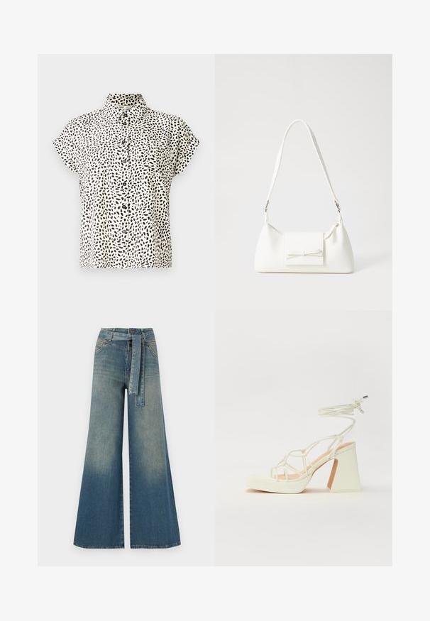 Short-sleeve shirt in a cream fabric with a black irregular dot pattern. Features a collar and front button closure, with two chest pockets.; Wide-leg denim trousers featuring a light to dark blue gradient, high waist, belt loops, and a matching fabric belt. Textured denim finish.; White high-heeled sandal with a chunky heel, featuring a strappy design and ankle tie. Smooth texture with a platform front for added height.; White synthetic handbag with a triangular shape, flat front flap and bow detail, adjustable strap, smooth texture, and minimalistic design.