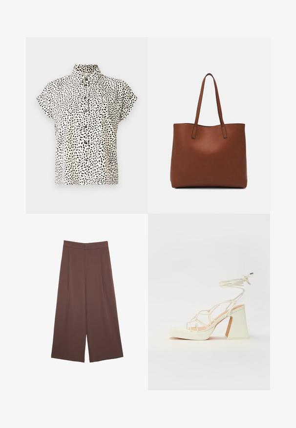 Krátkotrný shirt v krémovom materiáli s čiernym nepravidelným bodkovaným vzorom. Má golier a predné zapínanie na gombíky, s dvoma vreckami na hrudi.; Hnedé nohavice so širokými nohavicami a hladkou textúrou, s vysokým pásom a prednými skladmi. Tkanina je ľahká a voľne sa pohybuje.; Biele sandále na vysokom opätku s hrubým podpätkom, s pruhovaným dizajnom a viazaním na členku. Hladký povrch s platformou vpredu pre zvýšenú výšku.; Hnedá kožená taška na rameno s hladkou textúrou, otvoreným vrchom a dvoma ramenými popruhmi. Má minimálne šitia a žiadne viditeľné kovania.