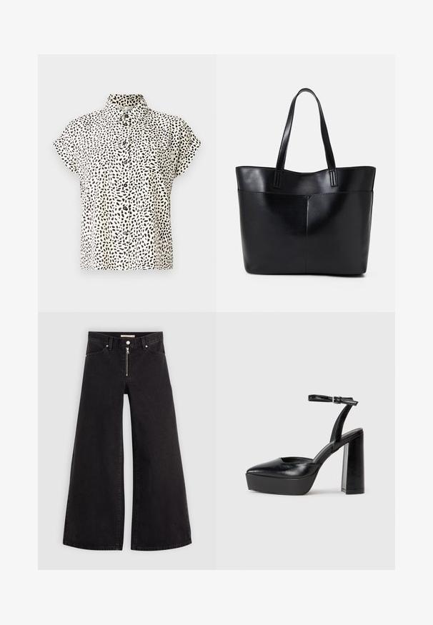 Camicia a maniche corte in tessuto crema con un motivo a pois irregolari neri. Presenta un colletto e una chiusura con bottoni frontali, con due tasche sul petto.; Jeans a gamba larga in denim nero con chiusura a zip, design a cinque tasche e dettagli di cucitura sottili. Texture morbida e stile casual.; Tacchi a piattaforma neri con punta appuntita e cinturino regolabile alla caviglia. Realizzati in pelle liscia, presentano un tacco a blocco spesso.; Borsa a tracolla in pelle nera con due manici lunghi, una texture liscia e una forma strutturata. Presenta una tasca frontale per ulteriore spazio di archiviazione.
