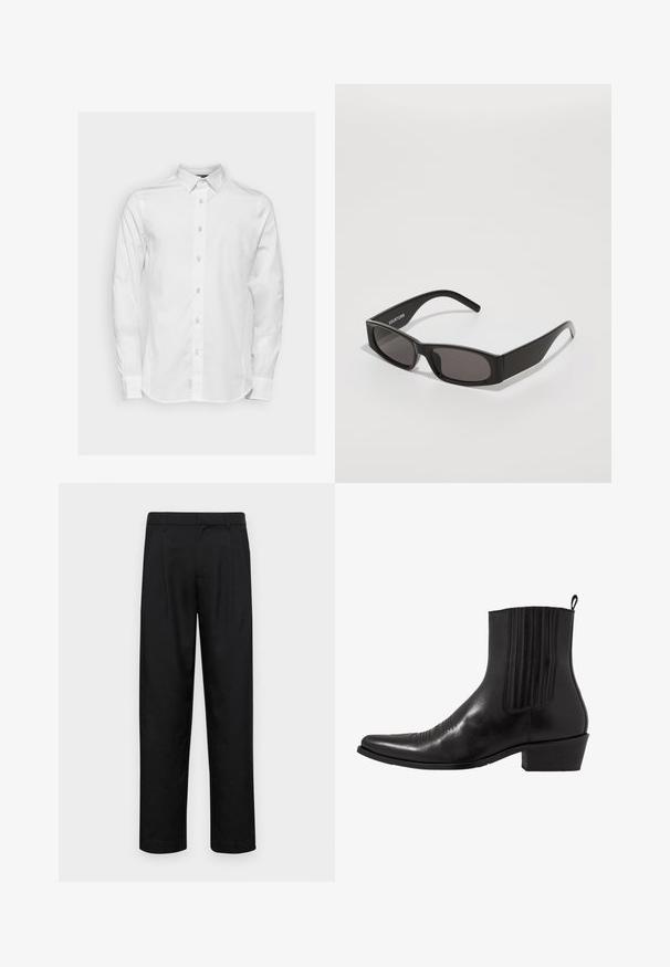 Bela srajca z dolgimi rokavi, izdelana iz bombaža, s klasičnim ovratnikom, ki ima sprednje zapiranje na gumb in subtilne šive.; Črne hlače iz gladkega materiala, s krojem ravne noge, dvema sprednjima pregiboma in standardnim pasom z zankami za pas.; Črne usnjene gležnjarje s koničastim nosom, elastičnimi stranskimi paneli, navpičnimi šivi in nizko blokasto peto.; Črne pravokotne sončna očala s temnimi lečami, gladkim plastičnim okvirjem in subtilnim logotipom na levem ročaju. Minimalistična zasnova.