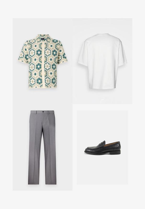 Camisa de manga corta con botones que presenta un patrón de ganchillo hexagonal en tonos verde azulado y crema, con motivos florales y un acabado texturizado.; Camiseta blanca de manga corta, corte holgado, cuello redondo, tela de algodón suave, parte posterior sin adornos, dobladillo recto, sin patrones ni acentos.; Pantalones grises a medida con frente plano, dos bolsillos laterales y cierre de un botón. Textura suave con un sutil patrón de rayas en relieve.; Mocasines de cuero negro con un acabado suave, punta redondeada y costuras decorativas en la parte superior. Tacón bajo apilado y un ligero brillo.