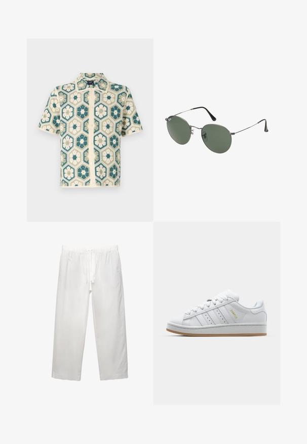 Rövid ujjú, gombos ing, amely tealevelű és krémszínű hatszögletű horgolt mintával rendelkezik, virágos motívumokkal és textúrált felülettel.; Fehér pamut póló rövid ujjakkal, kerek nyakkivágással és laza szabással. Simább textúra, látható minták vagy kiegészítők nélkül.; Fehér vászon nadrág, amely rugalmas derékpánttal és húzózsinórral rendelkezik, széles szárú kialakítással és tiszta varrásokkal. Simogató textúra, laza illeszkedés.; Fehér sneaker perforált háromsávos dizájnnal, texturált akcentusokkal, gumitalppal és arany "CAMPUS" logóval az oldalon.; Fémkeretes napszemüveg ovális zöld lencsékkel. Vékony ezüst színű fémkeret és fekete fülrész. Minimalista dizájn, látható logók nélkül.