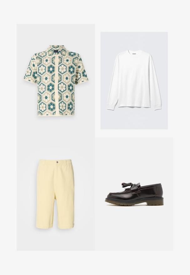 Kortermet skjorte med knapper som har et sekskantet heklemønster i teal og kremfarge, med blomsterdesign og en teksturert finish.; Hvit langermet crewneck skjorte med ribbestrikkede mansjetter og en liten merkeetikett "WEEKDAY" inni halsåpningen.; Gule bomullsshorts med rett snitt, med knepp foran og rullet kant. Glatt tekstur, uformelt design.; Brune skinn loafers med et vevd design, duskdetalj og flat gummisåle. Har en jevn finish og kontrasterende søm.
