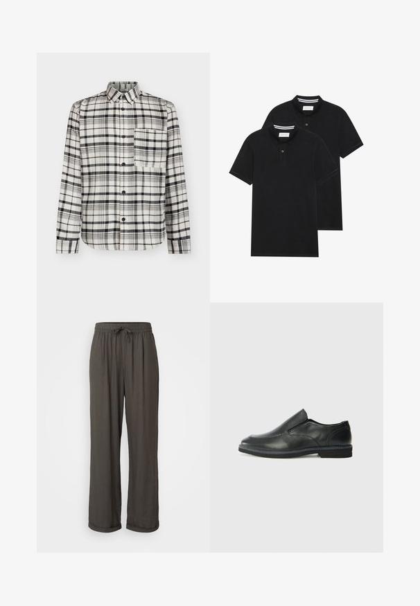 Juodas ir baltas languotas marškiniai; ilgos rankovės, vienas krūtinkaulio kišenė ir klasikinis apykaklė, pagaminti iš švelnaus audinio.; Du žaidimų juodos polo marškiniai, trumpomis rankovėmis, pagaminti iš medvilnės, su klasikinėmis apykaklėmis, dviem mygtukais priekyje ir baltais dryžiais apykaklės viduje.; Tamsiai pilkos plačios kelnės su virvute liemenyje, pagamintos iš minkštos, tekstūrinės medžiagos, su apsuktomis kraštinėmis ties kulkšnimis.; Juodai odiniai įtvirtinimo batai su lygiu paviršiumi, siuvinėjimo akcentais, apvalia nosimi ir žemu guminiu kulnu. Pado raštas minimalus.