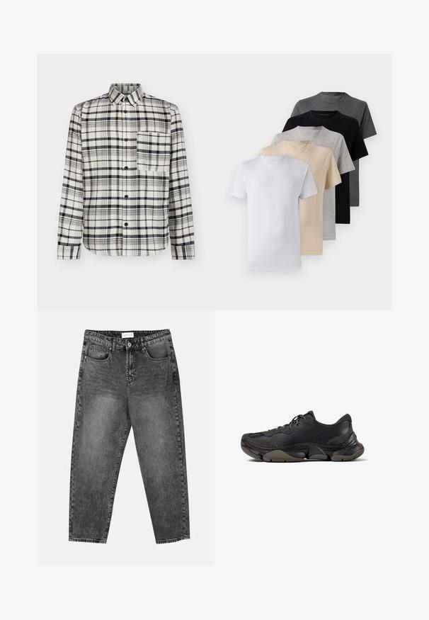 Knapp-up skjorta i svart och vit rutigt mönster; långa ärmar, en bröstficka och klassisk krage, tillverkad av mjuk väv.; Set med fem kortärmade t-shirts i vitt, beige, ljusgrått, mörkgrått och svart. Tillverkade av mjuk bomull och med rund halsringning.; Svart tvättade raka jeans med fram- och bakfickor, hällor för bälte och knappstängning i midjan.; Svart atletisk sneakersko med texturerad sula, överdel i läder och mocka, vadderad krage och snörning, visad i sidoprofil.