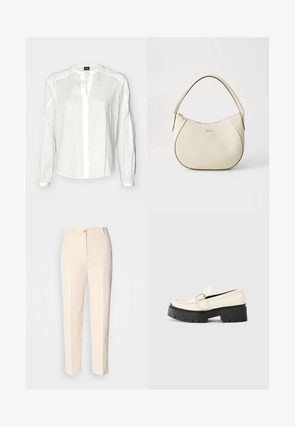 Bjela košulja s dugim rukavima od lagane tkanine, s kragnom i opuštenim krojem. Suptilni detalj šivanja duž šavova na ramenima.; Kremaste, hlače visokog struka napravljene od strukturirane tkanine. Imaju prednje kopčanje na dugme i sužene nogavice.; Bijeli kožni loafer s debelim crnim platformom, s pravokutnom srebrnom kopčom i vidljivim šavnim detaljima na gornjem dijelu.; Torbica boje krema s teksturiranim završetkom, zakrivljenog oblika, kratkom ručkom i logotipom u zlatnoj boji. Zatvarač na vrhu.
