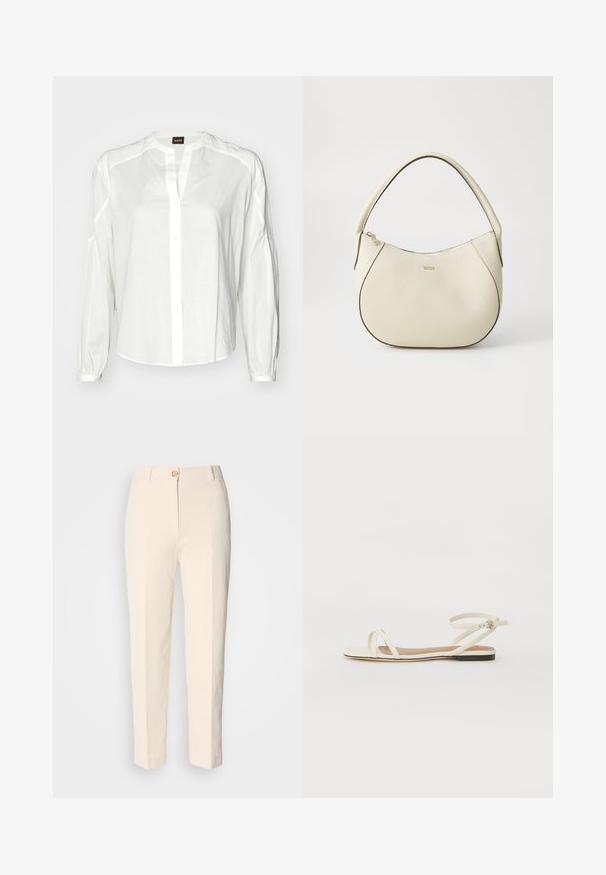 Weißes Hemd mit Knöpfen aus leichtem Stoff, mit Kragen, langen Ärmeln und lockerer Passform. Dezente Nahtdetails entlang der Schulternähte.; Cremfarbene, hochtaillierte Hose aus strukturiertem Stoff. Mit einem Knopfverschluss vorne und schmal zulaufenden Beinen.; Flache Sandalen aus cremefarbenem Leder mit dünnen Kreuzriemen, Fesselriemen mit Schnalle, minimalistisches Design und einer kontrastierenden schwarzen Sohle.; Cremfarbener Handtasche mit strukturiertem Finish, gebogener Form, kurzem Griff und Logo-Detail in Gold. Reißverschlussverschluss oben.