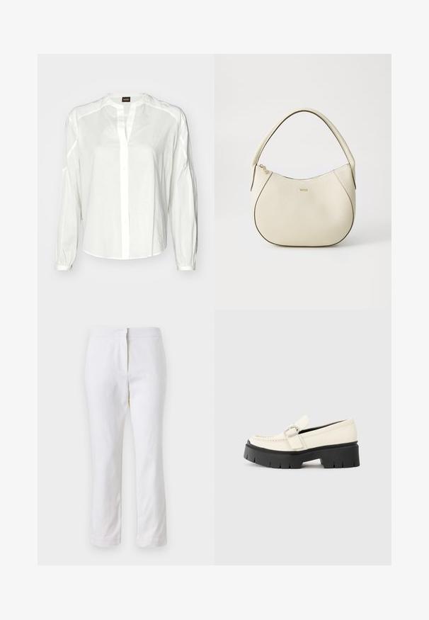 Chemise blanche à boutons, fabriquée en tissu léger, avec un col, des manches longues et une coupe décontractée. Détails de couture subtils le long des coutures des épaules.; Pantalons en coton blancs avec une coupe droite, dotés d'une taille mi-haute et sans matériel ou motifs visibles. Texture lisse sur l'ensemble.; Loafer en cuir blanc avec une semelle plateforme noire épaisse, présentant une boucle rectangulaire en argent et des détails de couture visibles sur la tige.; Sac à main couleur crème avec une finition texturée, forme courbée, anses courtes et détail de logo doré. Fermeture éclair sur le dessus.