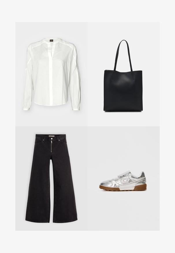 Bela srajca z gumbi iz lahkega materiala, z ovratnikom, dolgimi rokavi in sproščenim krojem. Diskretni šivi ob ramenskem šivu.; Široke traperice iz črnega denima z zadrgo spredaj, petimi žepi in diskretnimi šivi. Gladka tekstura in ležeren slog.; Svetlo siva metalik tenička z belim "C" logom, belimi vezalkami in rjavim gumijastim podplatom, prikazana s strani na enostavni svetli podlagi.; Črna usnjena torba s svilnato teksturo, pravokotne oblike in dvema dolgima ročajema. Brez vidnih metalnih delov ali okrasnih elementov.