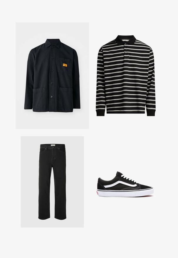 Svart bomullarbeidsjakke med knappestengning, to frontlommer og en liten gul etikett på brystlommen. Enkel, nyttig design.; Langermet polo skjorte laget av svart stoff med hvite horisontale striper, med krage og plakket med tre knapper.; Svarte denimjeans med rett ben har et klassisk fem-lommers design, knappestengning, minimal søm og en myk tekstur.; Svarte kanvassneakers med hvite detaljer, med rund tå, snøring, og gummisåle. Side-logo og synlige sømdetaljer.