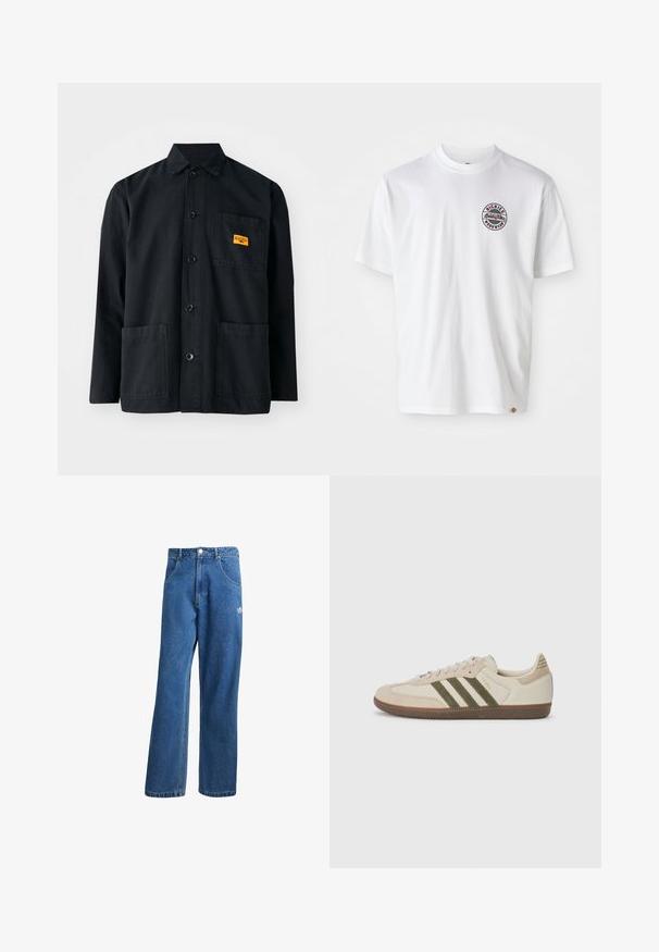 Juodas medvilninis darbo švarkas su mygtukų priekiu, dviem priekinėmis kišenėmis ir mažai geltona etikete ant krūtinės kišenės. Paprastas, praktiškas dizainas.; Balta medvilninė marškinėliai su apvaliu logotipu ant krūtinės. Apvalus iškirpimas, trumpomis rankovėmis, laisvas sijonas, su raudonais ir juodais akcentais.; Mėlynos aukštu liemeniu plačios džinsinės kelnės su priekinėmis kišenėmis, diržo kilpos, sagčių uždarymu ir mažu Adidas logotipu dešinėje šlaunyje.; adidas Originals SAMBA OG UNISEX - Sportbačiai - alumina/medium dark khaki/gum
