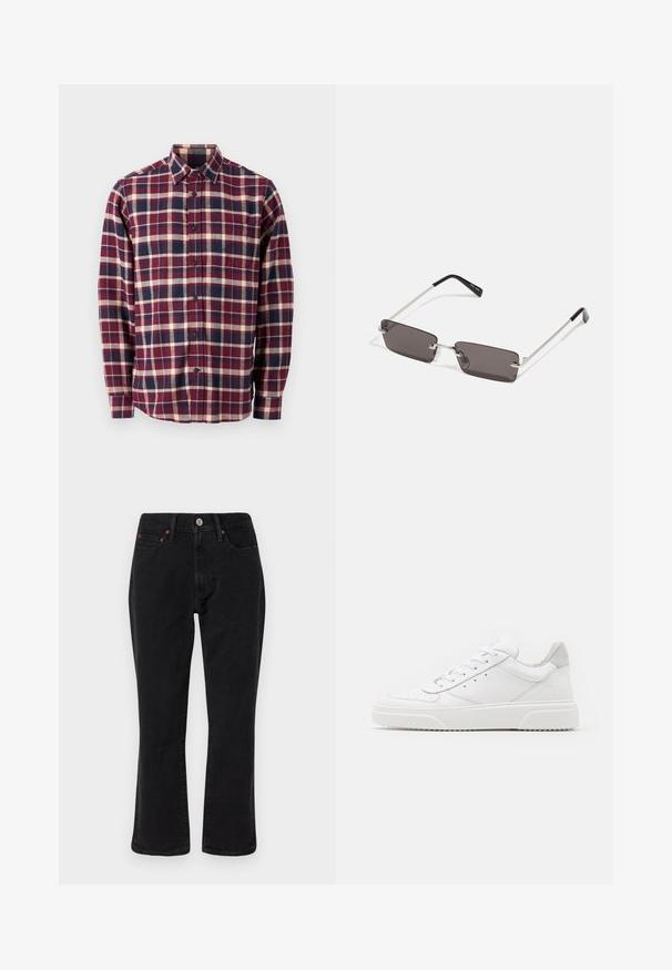 GAP STANDARD - Košile - purple; Černé džíny z denimu s rovnými nohavicemi, pěti kapsami a kovovými doplňky s měděnými akcenty. Hladká textura a střední pas.; Bílé kožené tenisky s hladkým povrchem, zaoblenou špičkou, plochými tkaničkami a texturovanou podrážkou. Šedý semišový detail na patě.; Sluneční brýle s obdélníkovými tmavě šedými skly, stříbrnými kovovými rámy a černými plastovými konci na nožičkách. Lehké provedení s podložkami na nos.