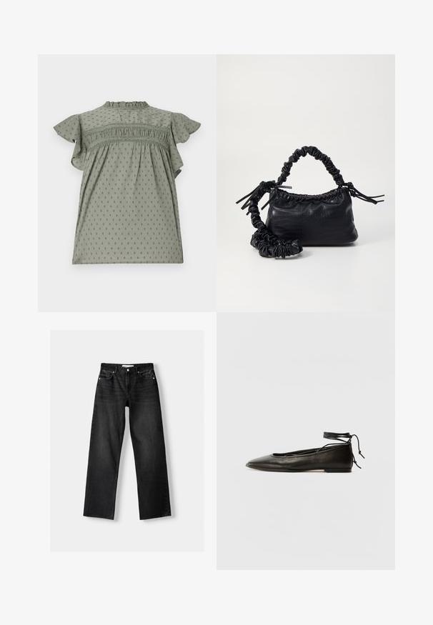 Grön klänning med korta volangärmar, texturerad tyg med prickigt mönster, rynkdetaljer vid bysten och hög krage.; Bershka Jeans straight leg - mottled dark grey; Svarta läderballetskor med spetsig tå, ankelsnöre och platt sula, med en slät yta och minimalistisk design.; Svart faux läderhandväska med krokodiltextur, snodd topp och en skrämd rem. Ser mjuk och kompakt ut i designen.