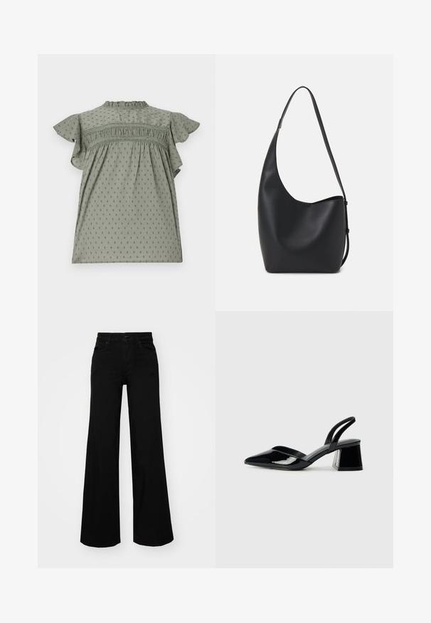 Vestito verde con maniche corte a volant, tessuto testurizzato con motivo a pois, dettagli arricciati sul petto e colletto alto.; Pantaloni neri a gamba larga in denim, con una vita strutturata, passanti per la cintura e tasche frontali. Texture liscia con un design classico.; Décolleté in vernice nera con punta affusolata e tacco in geometria cubica. Presentano un design elegante e minimalista, con una texture liscia.; Borsa hobo nera in pelle con una superficie liscia, forma curvata e una singola tracolla regolabile; presenta un'ampia apertura nella parte superiore.
