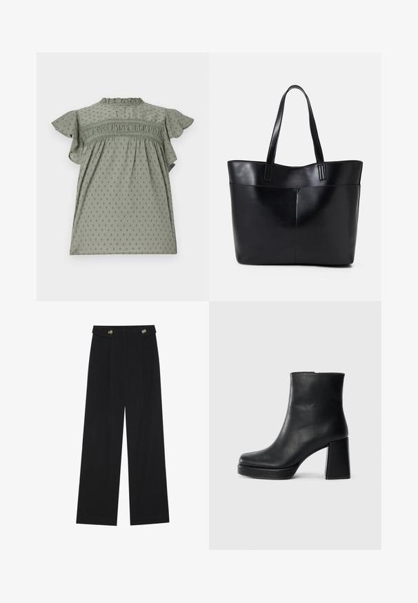 Green dress with short ruffled sleeves, textured fabric with a polka dot pattern, gathered detailing at the chest, and a high neck.; Black wide-leg trousers with high waist, button details on waistband, and front pleats.; Black leather ankle boot with a block heel and platform sole, viewed from the side on a plain white background.; Black leather tote bag with two long handles, a smooth texture, and a structured shape. Features a front pocket for additional storage.