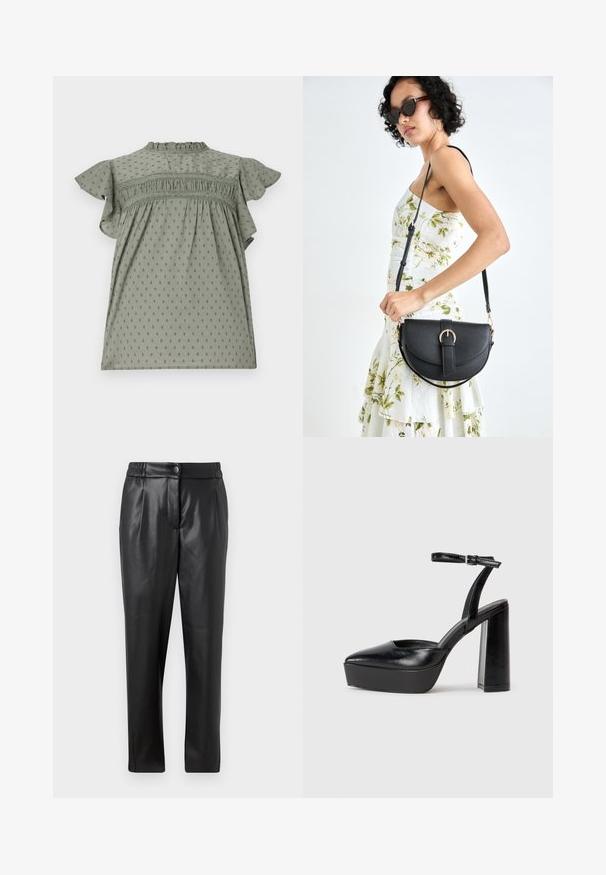 Zöld ruha rövid fodros ujjal, texturált anyaggal, pöttyös mintával, ráncolt részletekkel a mellrészen, és magas nyakkal.; Fekete bőr nadrág sima textúrával, egyenes szabással, rugalmas derékkal és elülső gombos záródással; pliszírozott részletezéssel és szűkített lábakkal.; Fekete platform magassarkú cipők hegyes orral és állítható bokapánttal. Sima bőrből készült, vastag talppal.; Fekete bőrtáska ívelt formával, levehető pánttal és arany színű fémrészekkel. A táskán egy csattal díszített fedél található.