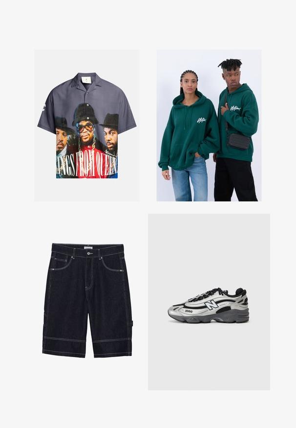 Kurzärmeliges Hemd mit Knopfleiste, das einen grafischen Druck von drei Figuren zeigt, überwiegend in blauen, grauen und roten Tönen, mit weißem Text.; Dunkelblaue Denim-Shorts mit Kontrastnähten, fünf Taschen, einem Knopfverschluss und einem geraden Schnitt. Keine sichtbaren Muster oder Texturen.; Silberne und schwarze Sportschuhe mit einem Obermaterial aus Netzgewebe, gepolstertem Sohlendesign, Schnürverschluss und seitlichem Branding-Detail.; Grüne Kapuzenpullover mit Fronttaschen, lockere Passform. Ein Modell trägt schwarze Jeans, das andere hat eine schwarze Umhängetasche.