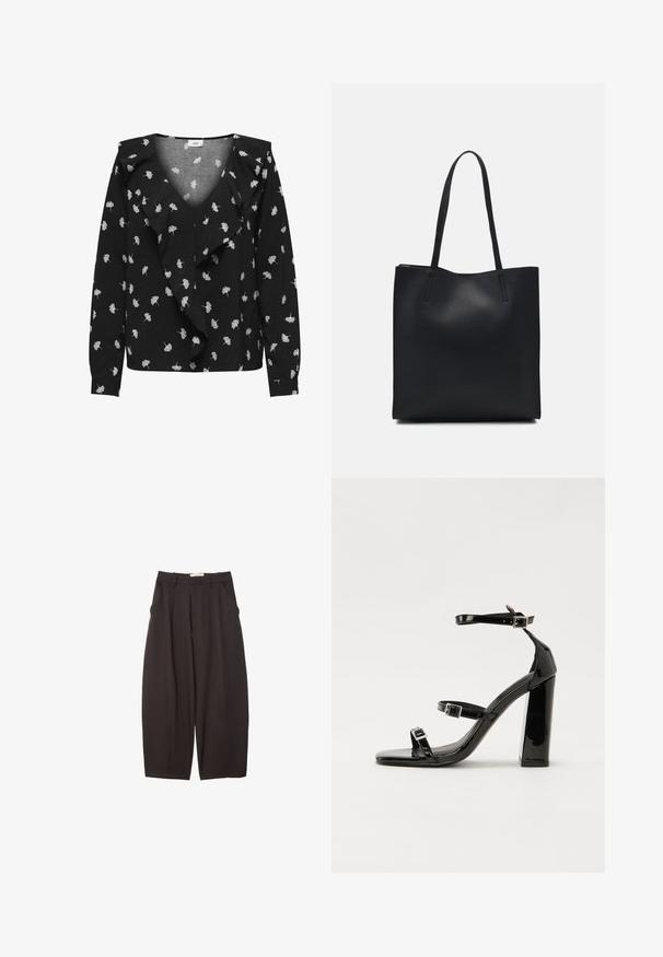 Crna bluzica s V-izrezom, s bijelim uzorcima lišća i nabranim prednjim dijelom. Dugi rukavi i manžetne. Izrađena od mekanog materijala.; Crne široke hlače napravljene od glatke tkanine, s visokim strukom, prednjim nabranjima i bočnim džepovima. Jednostavan dizajn bez ukrasa.; Crne lakirane sandale na visoku petu s dva remena s kopčama, kvadratnim vrhom i masivnom blok petom, s glatkom, sjajnom teksturom.; Crna kožna torba za nošenje s glatkom teksturom, pravokutnim oblikom i dvije duge ručke. Nema vidljivih metalnih dijelova ili ukrasa.