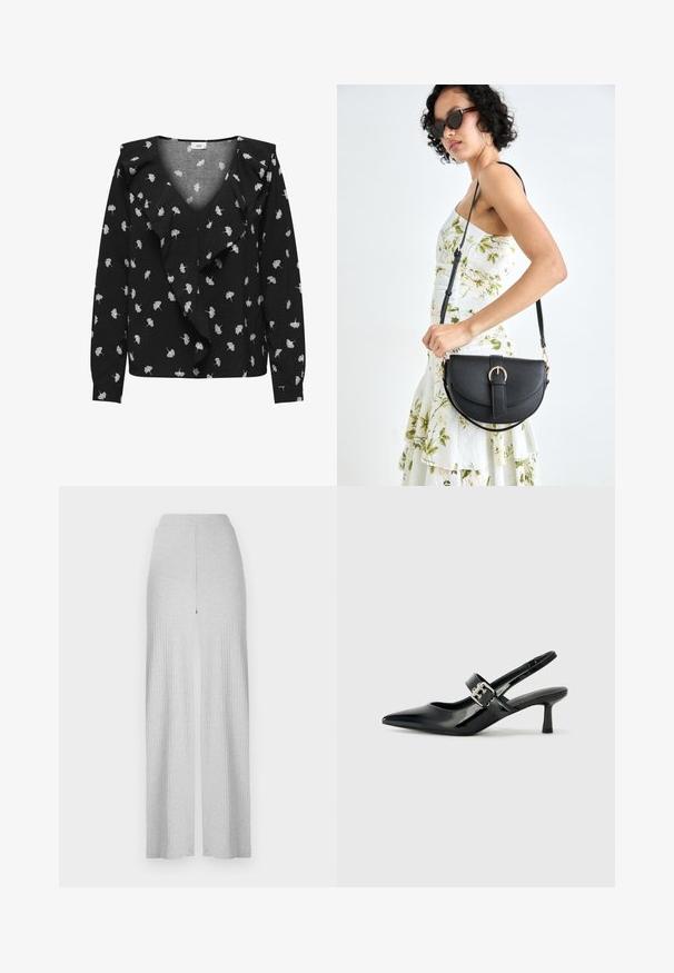 Black blouse with a V-neck, featuring white leaf patterns and a ruffled front. Long sleeves and cuffs. Made of soft fabric.; Light gray ribbed wide-leg pants with a high waistband and a front split. Made of soft fabric with a smooth texture.; Black patent leather slingback heels with a pointed toe and a small block heel, featuring a silver buckle accent on the strap.; Black leather handbag with a curved shape, detachable strap, and gold hardware. The bag features a flap with a buckle detail.