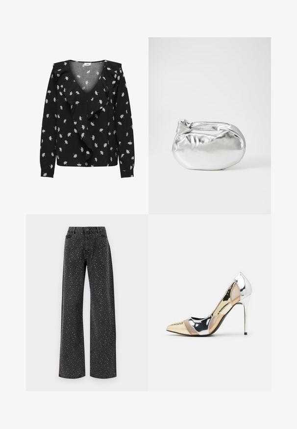 Blusa nera con scollatura a V, caratterizzata da motivi bianchi a foglia e una parte anteriore arricciata. Maniche lunghe e polsini. Realizzata in tessuto morbido.; Noisy May NMJANNEL LOOSE - Jeans baggy - black denim; Scarpa con tacco alto a punta, con una combinazione di colori argento, oro e nudo. Finitura lucida con design a ritaglio, con tacco a stiletto.; Borsa a pochette metallica argentea con una forma morbida e arrotondata e chiusura superiore annodata. Realizzata in materiale sintetico morbido.; Orecchini a cerchio in argento con un design minimalista. Forma circolare, superficie liscia e profilo sottile. Leggeri con una finitura lucida.