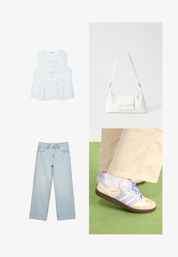 Biała bezrękawnik z dekoltem w kształcie litery V, z przodem zapinanym na trzy kokardy i marszczonym dołem peplum. Wykonana z lekkiego, teksturowanego materiału.; Jasnoniebieskie jeansy o szerokich nogawkach, wykonane z denimu, z wysokim stanem, pięcioma kieszeniami i delikatnym efektem wyblaknięcia. Prosty krój z wykończonymi brzegami.; Kremowe i lawendowe trampki z trzema paskami oraz teksturowaną brązową podeszwą, wyposażone w sznurówki i wyścieloną piętę. Górna część z miękkiego materiału.; Biała syntetyczna torba o trójkątnym kształcie, płaskim przednim klapce i detalach w postaci kokardy, regulowanym pasku, gładkiej fakturze oraz minimalistycznym designie.
