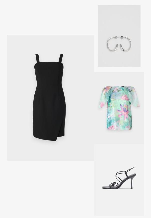 Rövid ujjú blúz világos, áttetsző anyagból, rózsaszín és kék árnyalatokkal díszített akvarell virágmintával, kerek nyakkivágással és laza szabással.; Fekete, testhez simuló ruha négyzet alakú dekoltázzsal, állítható pántokkal és átlapolt elülső részlettel, sima textúrájú anyagból készítve.; Fekete magas sarkú szandálok vékony pántokkal, csomózott mintával, sima négyzetes orral és karcsú stiletto sarkal rendelkeznek.; Világosszürke fémes kézitáska lánc pánttal, kis kör alakú fém kifinomult díszítéssel és háromszög alakú márkagéppel.; Ezüst karika fülbevalók sima, fényes felülettel. Lekerekített forma, könnyű kialakítással, tűs zárómechanizmussal.