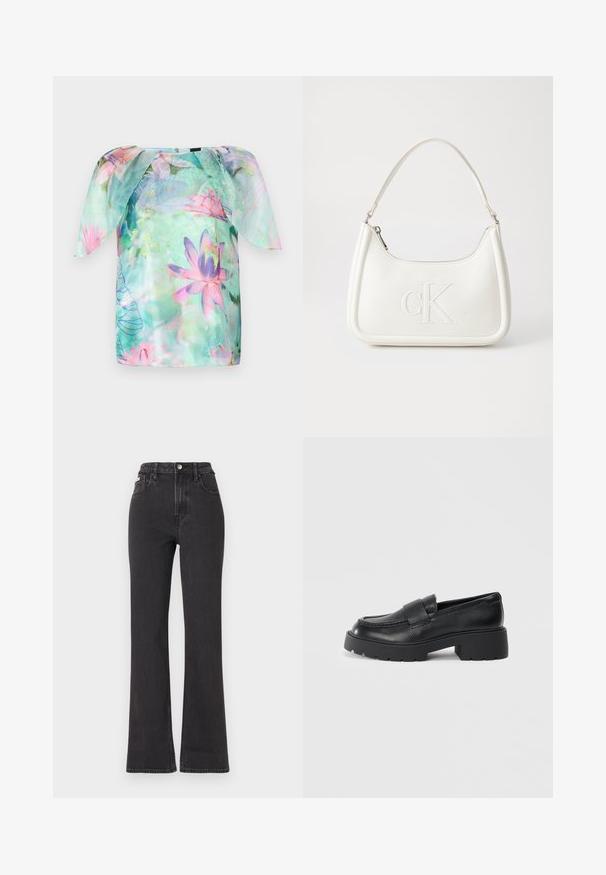 Blusa de manga corta en tejido ligero y transparente con un diseño de flores en acuarela en tonos rosa y azul, cuello redondo y corte holgado.; Jeans de cintura alta negros en tejido de mezclilla, con cierre de botón, presillas para cinturón y bolsillos laterales. Textura suave con un desvanecimiento mínimo.; Mocasines de cuero negro con un acabado texturizado, que cuentan con una correa rectangular sobre el empeine y un diseño de suela gruesa y dentada.; Bolso de mano de cuero blanco con forma curvada, con un logo "CK" en relieve en la parte delantera y una sola correa para el hombro. Cierre de cremallera en la parte superior.