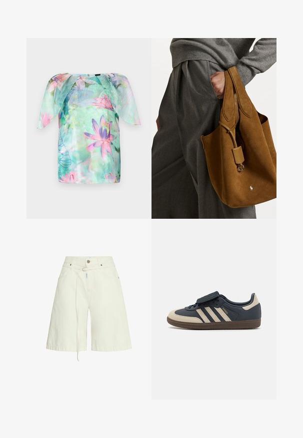 Bluzica s kratkim rukavima napravljena od svijetlog, prozračnog materijala s akvarel cvjetnim uzorkom u ružičastim i plavim nijansama, okrugli izrez i širok kroj.; Svijetlosmeđi traper šortsevi s opuštenim krojem, petljama za remen, prednjim džepovima i funkcijom vezivanja na struku. Glatka tekstura.; Morski kožni tenisice s kremasto akcentima, tri pruge sa strane, zaobljenim vrhom i teksturiranom smeškom gumom. Čičak na vrhu.; Smeđa suđena torba s okruglim oblikom, dvostrukim drškama i metalnim detaljem. Ima mali logo sprijeda.
