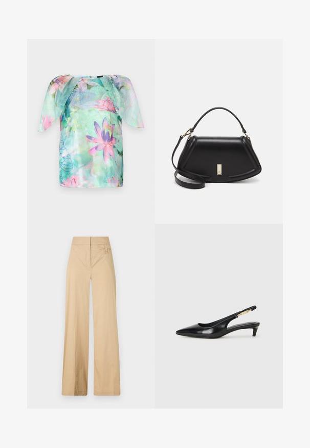 Korte mouw blouse van lichte, doorzichtige stof met een aquarel bloemenpatroon in roze en blauwe tinten, ronde halslijn en een losse pasvorm.; Beige wijde broek gemaakt van een katoenmix. Kenmerkt zich door een gladde textuur, een elastische tailleband en een zijknopdetail.; Zwarte leren slingback hakken met een spitse neus, voorzien van een slanke hak en een goudkleurige accent op de verstelbare band. Gladde textuur.; Zwarte leren handtas met een gestructureerd ontwerp, featuring een verkorte vorm, bovenhandvat en gouden hardwareaccent. Inclusief verstelbare schouderband.