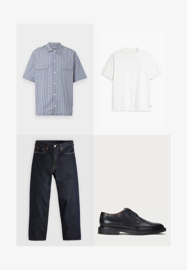 Cămașă cu mâneci scurte, nasturi, cu model în carouri albastre, albe și negre și două buzunare cu clapetă pe piept, pe fundal alb.; Tricou alb din bumbac cu mâneci scurte, guler rotund și logo-ul subtil Levi's imprimat în centrul său. Textură moale și croială standard.; Jeans de denim albastru închis, cu croială dreaptă, cinci buzunare, cusături contrastante de portocaliu și fermoar cu buton. Fără modele sau embellishments vizibile.; Pantofle din piele neagră cu vârful rotund, design cu șireturi și toc jos stratificat. Textură netedă cu detalii de cusătură minime.