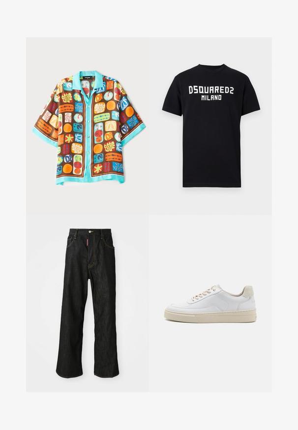 Kortärmad skjorta med en brun bas och färgglada geometriska mönster samt blommönster. Ljust blå krage och fåll-accenter.; Svart kortärmad T-shirt med vit text "DSQUARED2 MILANO" centrerad på bröstet, rund halsringning och rak nederkant.; Svarta raka jeans med gul sömnad, femfickorsdesign, knappstängning och en liten röd etikett på den främre högra fickan.; Vit sneaker med en slät läderöverdel, beige snören och en strukturerad beige mocka hälflik. Förhöjd sula för extra höjd.