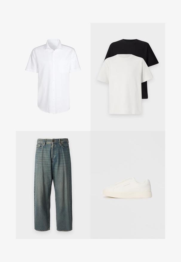 Lühikeste varrukatega valge nööbiga särk, mis on valmistatud puuvillast. Särgil on rinna kohal tasku ja ümar hemline, mis tagab mugava istuvuse.; Puuvillane t-särkide komplekt, mis sisaldab musta ja valget särk, mõlemad lühikeste varrukatega, ümmarguse kaelusega ja standardse lõikega. Tekstuuriga kangas.; Heledad sinine denim-stiilis teksad, volüümse lõike, keskmise kõrgusega talje ja sirgete säärega. Omab viit taskut, vöökumme ja nööpide sulgemist.; Valged libisemiskindlad tossud tekstuuriga pinnaga, paksu tallaga ja minimalistikus disainis. Küljel on brändi logo.