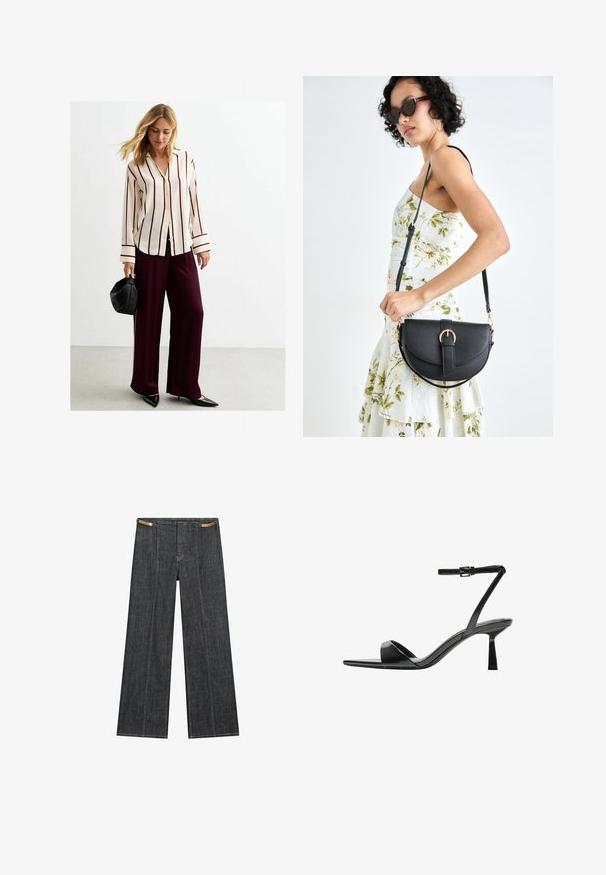 Witte lange mouwen shirt met bordeauxrode verticale strepen, gecombineerd met losse bordeauxrode broek. Model houdt een zwarte afgeronde handtas vast.; Donkergewassen denimwijdpijpbroek met een hoge taille. Kenmerken zijn zichtbare stiksels, een knoopsluiting en een unieke kettingaccent aan de taille.; Bershka Sandalen met hoge hak - black; Zwarte leren handtas met een gebogen vorm, afneembare schouderband en gouden hardware. De tas heeft een klep met een gespsluiting.
