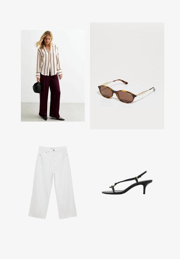 White long-sleeve shirt with burgundy vertical stripes, paired with loose burgundy pants. Model holds a black rounded handbag.; White wide-leg jeans made of denim with a high waist, featuring five pockets and metal hardware accents. Smooth texture, no visible patterns.; Black leather kitten heel sandal with thin straps, gold buckle, and minimalist toe loop on a white background.; Tortoiseshell sunglasses with rounded, dark brown lenses. Features gold accents on the temples and a glossy finish. Brand name visible on frame.; Black leather handbag with a smooth texture, structured design, dual handles, and a silver clasp detail at the center.