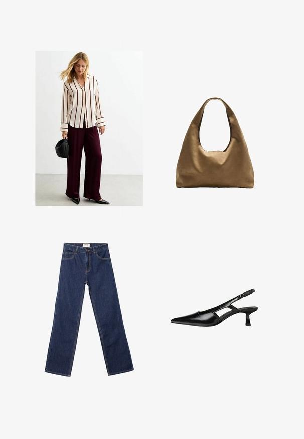 Camicia bianca a maniche lunghe con righe verticali bordeaux, abbinata a pantaloni bordeaux larghi. Il modello tiene una borsa rotonda nera.; Jeans dritti blu scuro con tasche frontali, passanti per cintura e chiusura con bottone.; Tacchi slingback in pelle verniciata nera con punta affusolata, design con tagli laterali e tacco quadrato piccolo. Texture liscia con dettagli minimi.; Borsa a spalla in tessuto marrone con un corpo ampio e arrotondato e una grande maniglia a taglio. Texture morbida, design minimalista e senza hardware visibile.