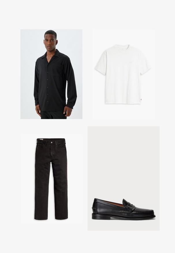 Zwarte lange mouw shirt met een uitgesneden kraag, voorzak en knoopsluiting; gladde stof met een subtiele textuur.; Witte katoenen T-shirt met korte mouwen, ronde hals en subtiele Levi's logo gedrukt in het midden. Zachte textuur en standaard pasvorm.; Zwarte recht gesneden denim jeans met vijf zakken, knoopsluiting en riemlussen, plat gelegd op een witte achtergrond.; Zwarte leren instapper met een ronde neus, gestikte details en een decoratieve band aan de voorkant. Platte zool met een minimaal profiel.