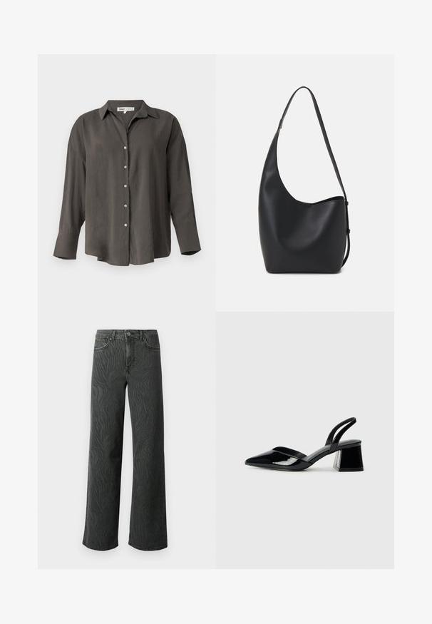 Camisa de botão de manga longa cinza escuro com colarinho, apresentando um corte relaxado, botões na frente e uma textura de tecido leve e suave.; Calças de perna larga em denim cinza escuro, apresentando uma textura sutil de padrão zebra, costura em contraste e um design de cinco bolsos com fecho de botão.; Sandy em verniz preto com salto slingback, ponta afilada e salto geométrico. Apresenta um design elegante e minimalista com textura suave.; Saco hobo preto em pele com uma textura lisa, forma curva e uma única alça ajustável; apresenta uma abertura larga na parte de cima.