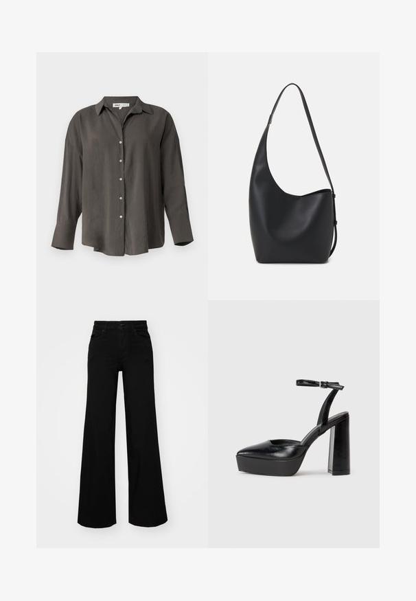 Dark gray long-sleeve button-up shirt with a collar, featuring a relaxed fit, front buttons, and a smooth, lightweight fabric texture.; Black wide-leg pants made of denim, featuring a structured waistband, belt loops, and front pockets. Smooth texture with a classic design.; Black platform heels with a pointed toe and adjustable ankle strap. Constructed from smooth leather, featuring a chunky block heel.; Black leather hobo bag with a smooth texture, curved shape, and single adjustable strap; features a wide opening at the top.