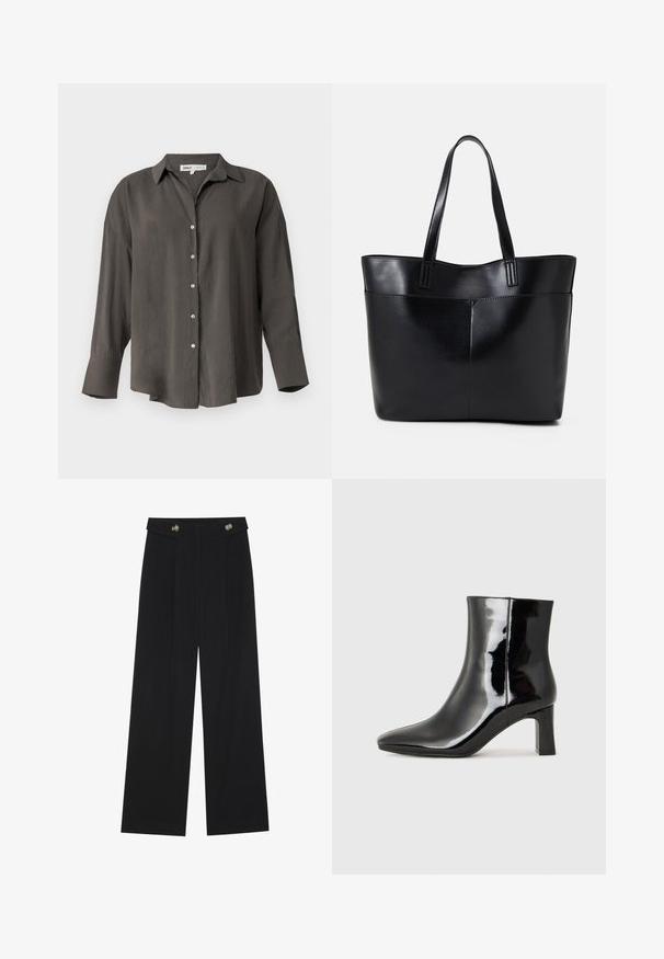 Dark gray long-sleeve button-up shirt with a collar, featuring a relaxed fit, front buttons, and a smooth, lightweight fabric texture.; Black wide-leg trousers with high waist, button details on waistband, and front pleats.; Black patent leather ankle boot with a pointed toe and a mid-height block heel. Smooth texture and minimalist design.; Black leather tote bag with two long handles, a smooth texture, and a structured shape. Features a front pocket for additional storage.