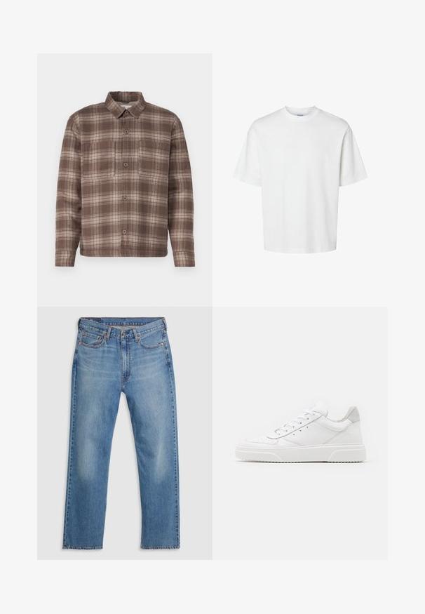 Pruun kontrollkirjaga särk, millel on terav kaelus, kaks rinnaTaskut ja nööbiks sulgemine, valmistatud pehmest tekstureeritud kangast.; Valge puuvillane t-särk lühikeste varrukatega, ümmarguse kaelusega ja lõdva lõikega. Sile tekstuur, ilma nähtavate mustrite või aktsentideta.; Sinise sirge lõikega teksapüksid, millel on esine nupp ja tõmblukk, vöörihmad ning viie tasku disain valgel taustal.; Valged nahast spordijalatsid siledast nahast viimistlusega, ümarate varvastega, lamekestega ja tekstuuriga tallaga. Hall suede aktsent kanna juures.