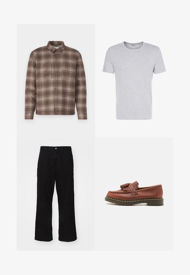Camicia a scacchi marrone con colletto a punta, due tasche sul petto e chiusura con bottoni, realizzata in un tessuto morbido e texture.; T-shirt grigia in cotone con colletto a giro, maniche corte e design semplice, caratterizzata da una consistenza morbida e liscia, senza pattern o decorazioni visibili.; Pantaloni neri a gamba larga realizzati in tessuto misto cotone, con chiusura a bottone e taglio dritto con cuciture minime visibili.; Mocassino in pelle marrone con dettagli in frange, superficie testurizzata e cuciture gialle in contrasto lungo la suola in gomma nera. Vista laterale.
