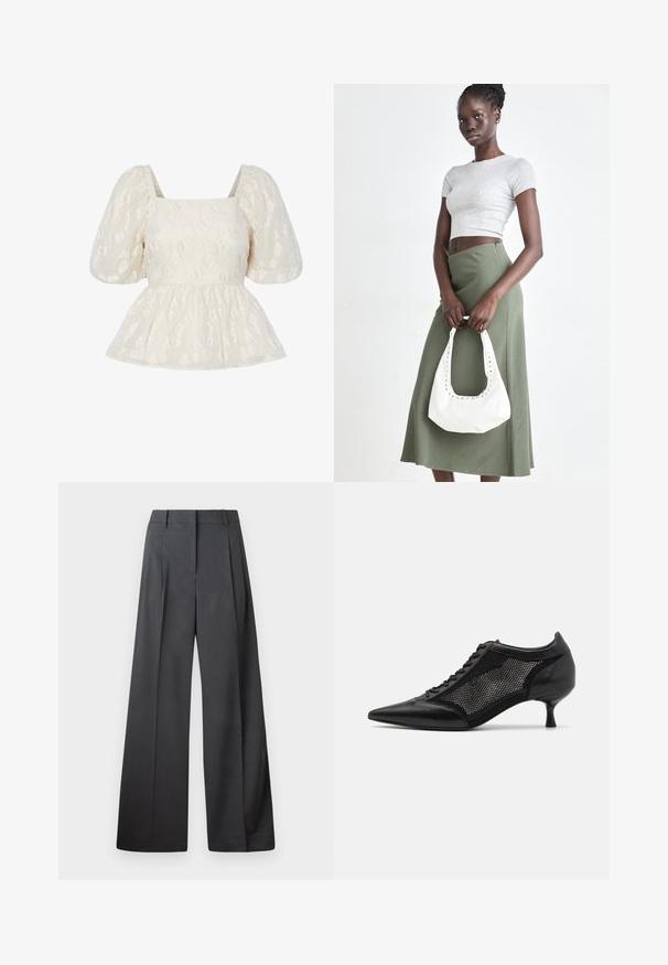 Top alb cu manșete puff și decolteu pătrat, având un model floral texturat și o fustă peplum plisată.; Pantaloni culți din țesătură gri închis, cu talie înaltă, pliuri simple și o textură netedă, cu o finisare curată la tivuri.; Pantofii negri cu vârful ascuțit au un design din panouri de plasă, având un toc mic și șireturi în față. Sunt confecționați dintr-o combinație de piele și material din plasă.; Crop top griș cu dungi și fustă verde măsliniu cu talie înaltă. Modelul ține o geantă albă de umăr cu detalii tăiate. Design simplu, siluetă ajustată.