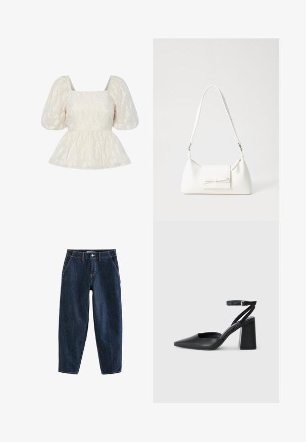 Biela blúzka s balónovými rukávmi a štvorcovým výstrihom, s textúrovaným kvetinovým vzorom a zhromaždeným peplum okrajom.; Tmavomodré džínsové nohavice s voľným strihom, obsahujúce päť vreciek, pútka na opasok a kontrastné žlté prešitie. Čistá, textúrovaná tkanina.; Čierne kožené lodičky s špicatou špičkou a členkovým remienkom, s masívnym podpätkom. Hladký povrch, elegantný dizajn a minimalistická estetika.; Biela syntetická kabelka s trojuholníkovým tvarom, plochým predným klapkou a detailom mašle, nastaviteľným popruhom, hladkou textúrou a minimalistickým dizajnom.