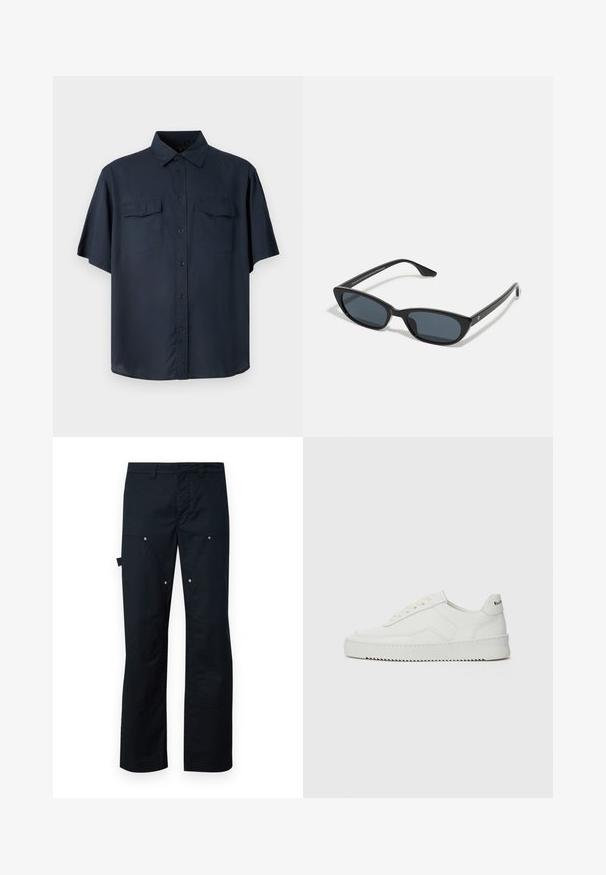 Camicia a maniche corte con bottoni in tessuto blu scuro, dotata di due tasche sul petto, colletto classico e vestibilità comoda con orlo dritto.; Pantaloni cargo neri realizzati in tessuto resistente, con taglio dritto, molteplici tasche e sottili dettagli in metallo argentato.; Sneaker in pelle bianca con una finitura liscia, punta rotonda, lacci piatti e suola testurizzata. Presenta un logo discreto sul tallone.; Occhiali da sole cat-eye neri con lenti scure, montatura in plastica, stanghette sottili e una leggera marca sulla parte interna del braccio. Finitura opaca.